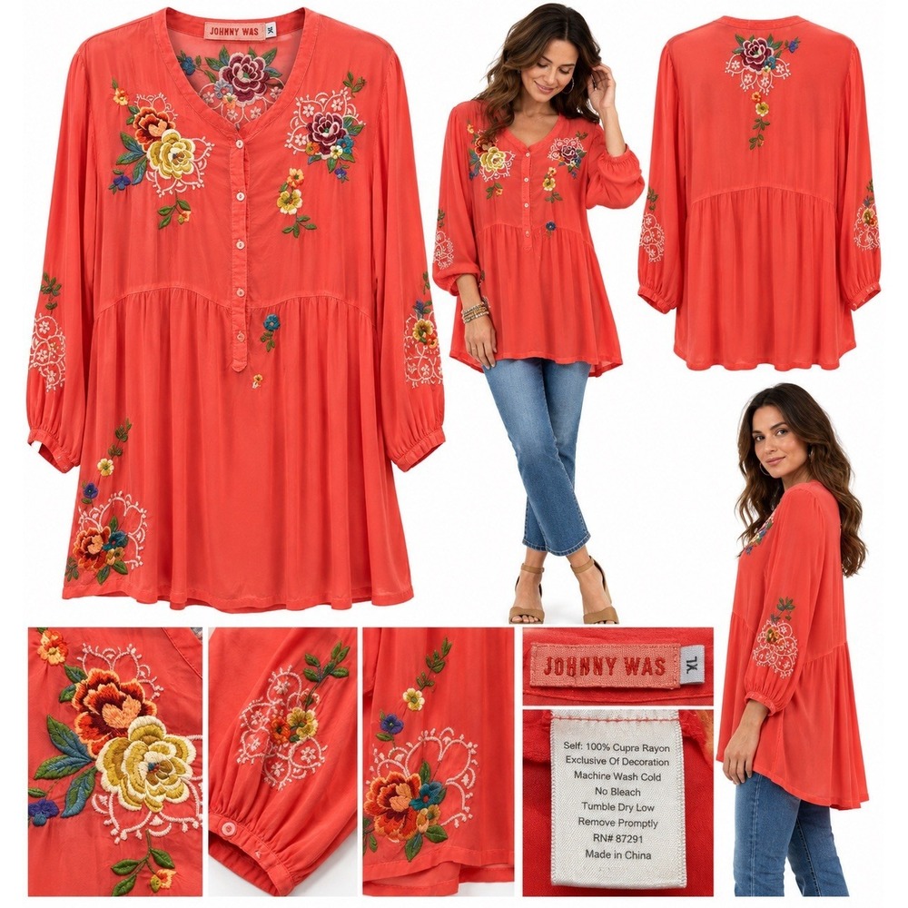 Johnny Was XL Coral Floral Embroidered Babydoll Tunic Blouse Boho Romantic